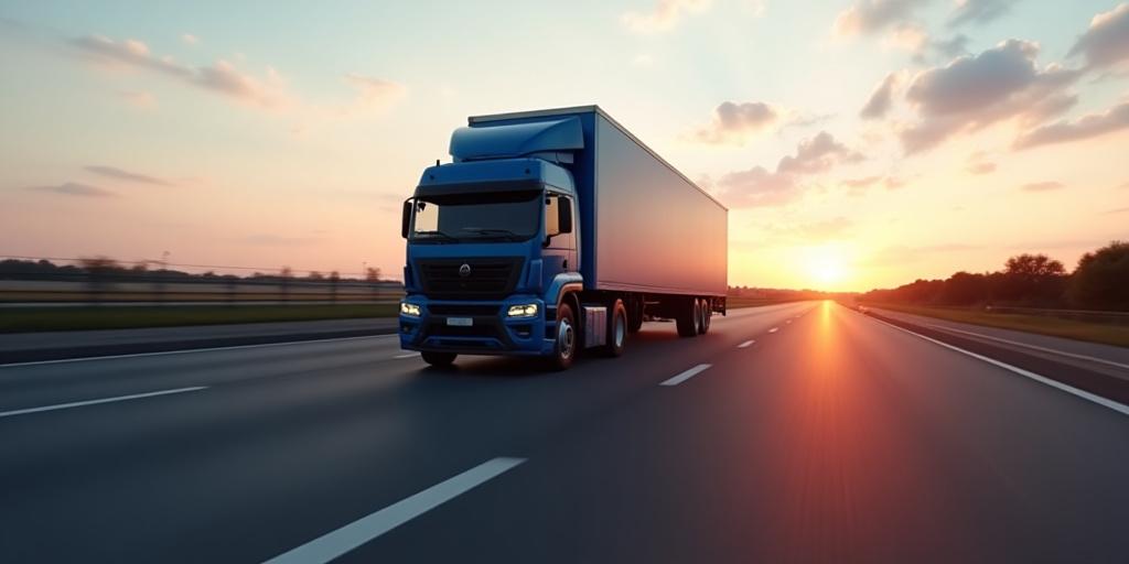 Gridship truck moving fast on a highway at sunset