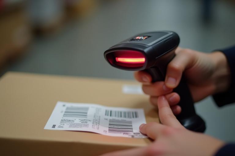 Close up of a barcode scanner scanning a package label