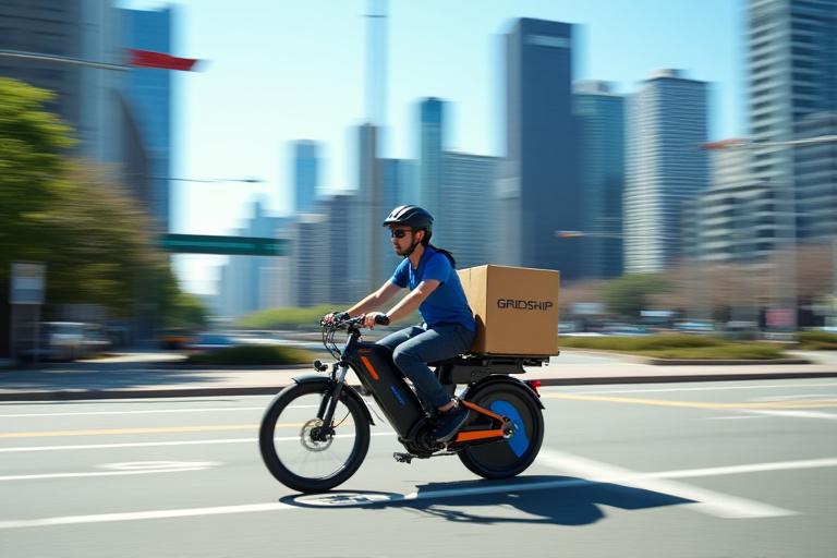 A Gridship courier on a bike making an express delivery