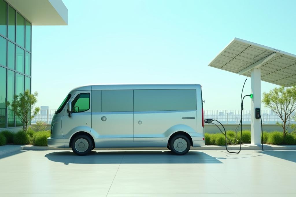 Electric delivery van charging at a solar station